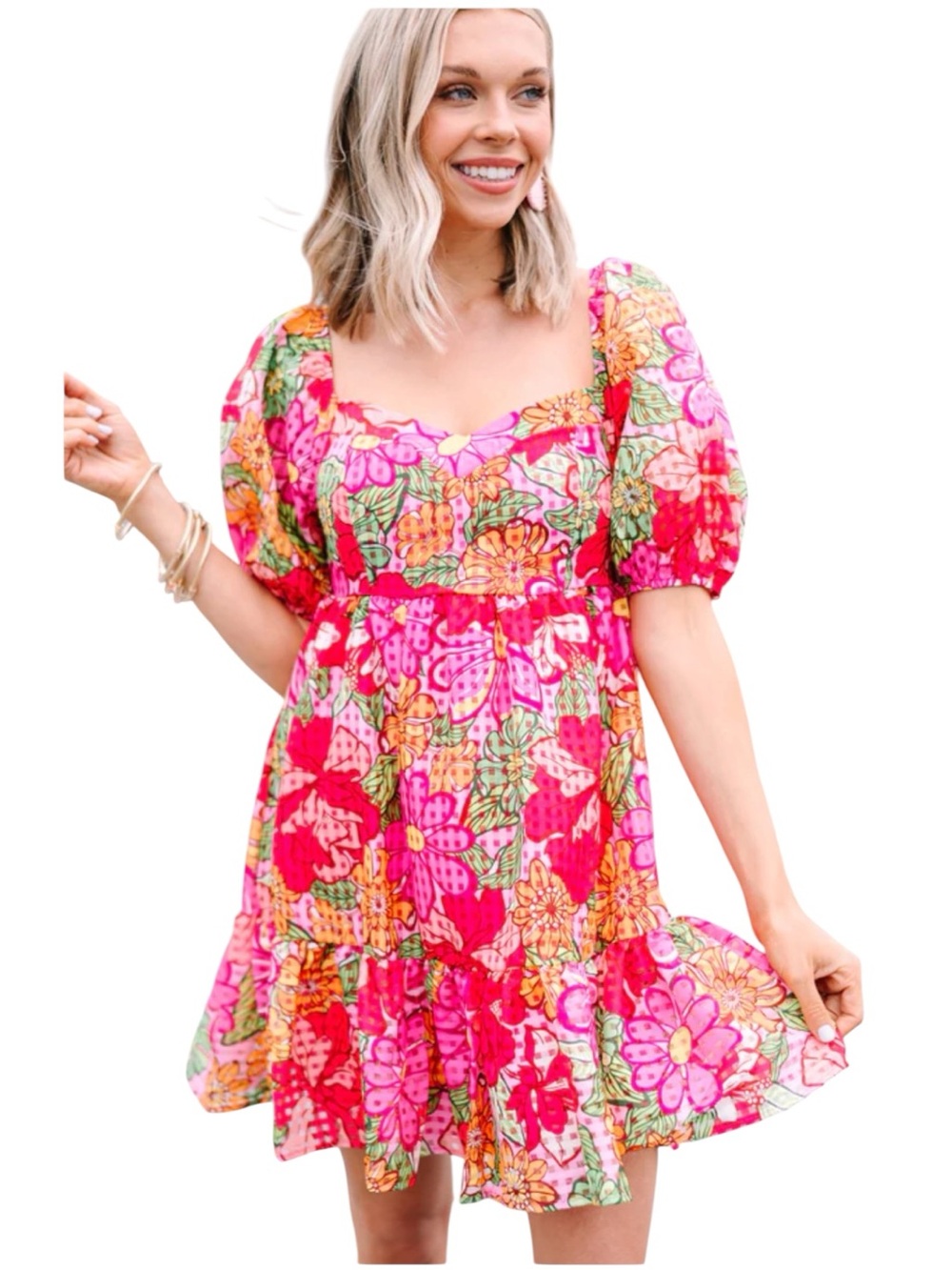 Flying Tomato Floral Puff-Sleeve Mini Dress in Bright Pink -NWOT